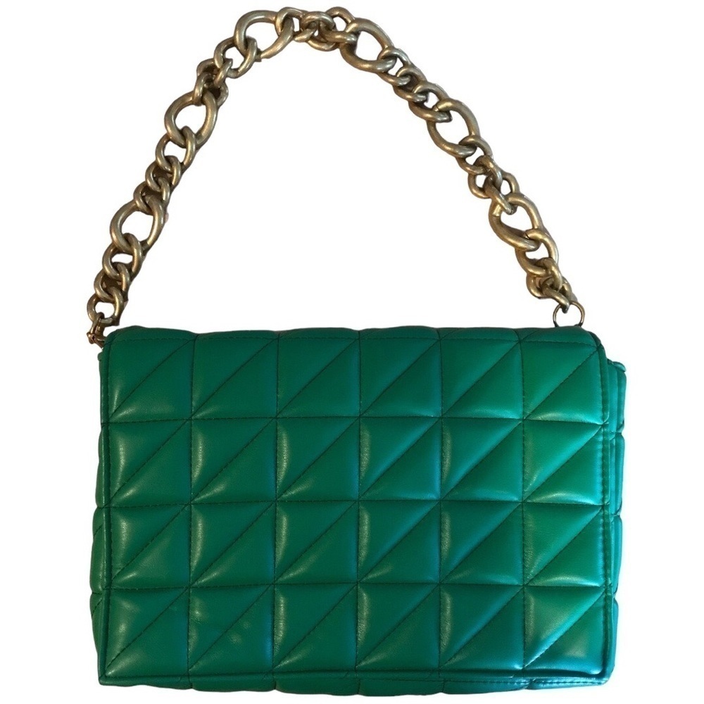 Zara Quilted Green Flap Over Shoulder Bag Thick Gold Link Chain Shoulder Bag